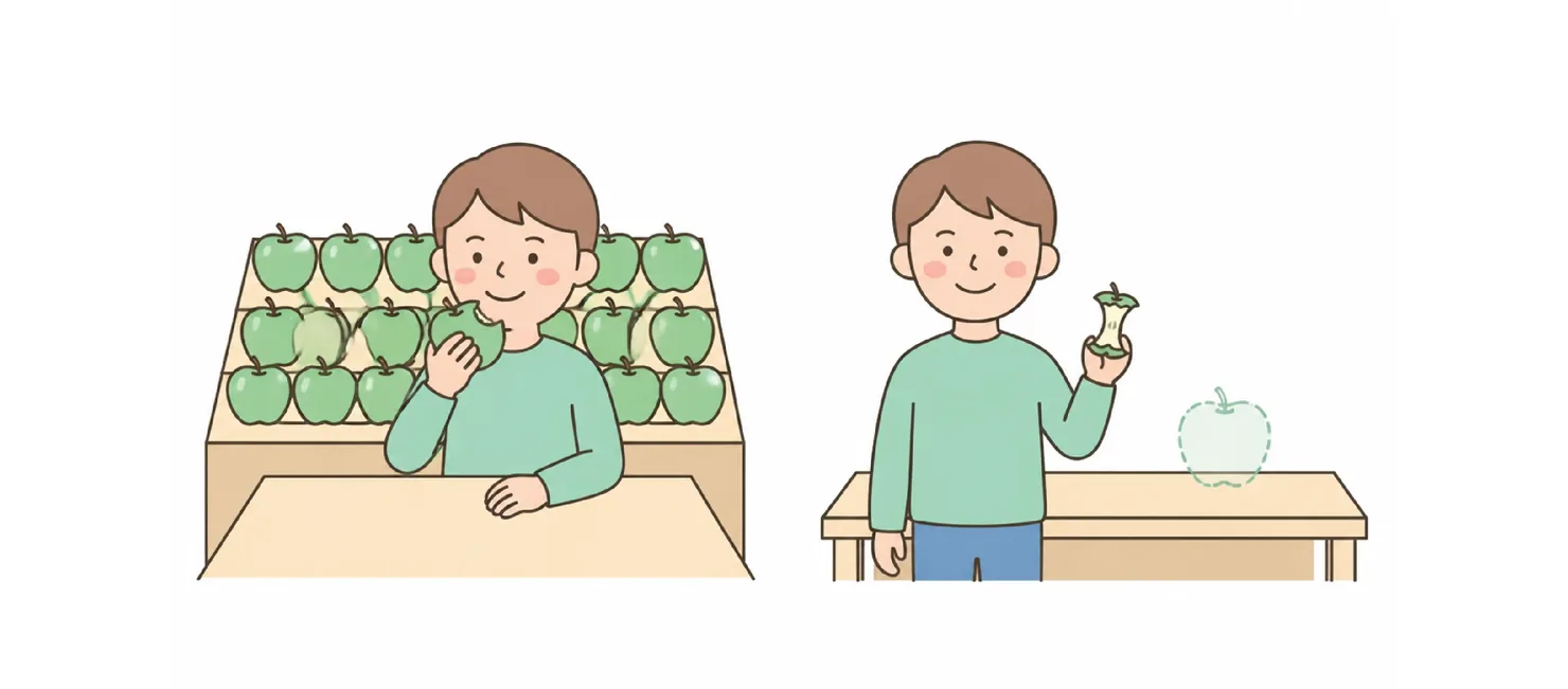 Boy at an apple stand full of apples compared with the same boy holding up one half-eaten apple on a table