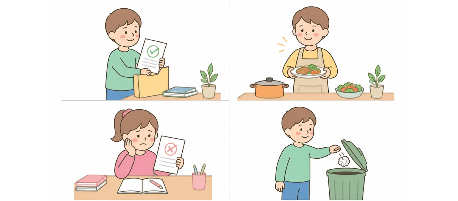 Four scenes illustrating disposal actions: filing papers successfully, cooking a meal, failing an exam, and throwing trash away