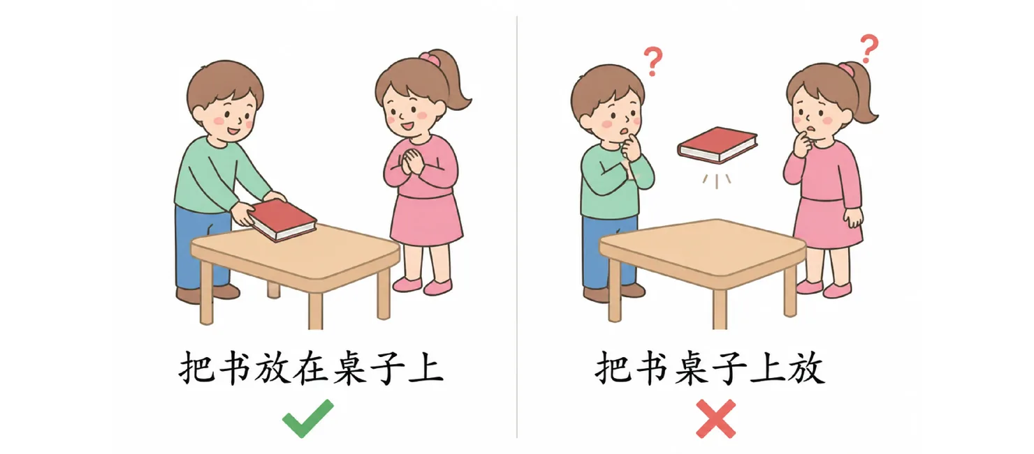 Two panels: left shows a boy correctly placing a red book on a table labelled 把书放在桌子上 with a green tick; right shows the same pair confused with the book floating in the air labelled 把书桌子上放 with a red cross