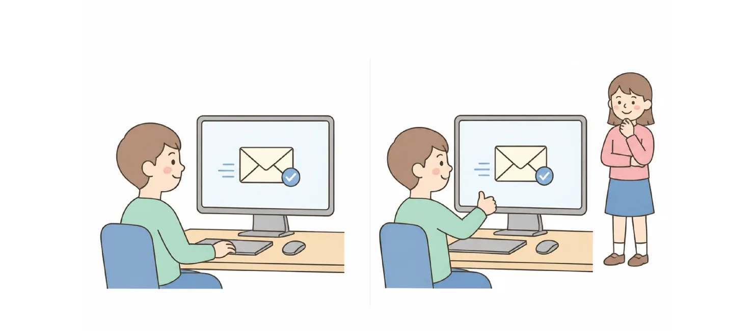 Boy at a computer sending an email, then turning to give a thumbs up as a girl looks on