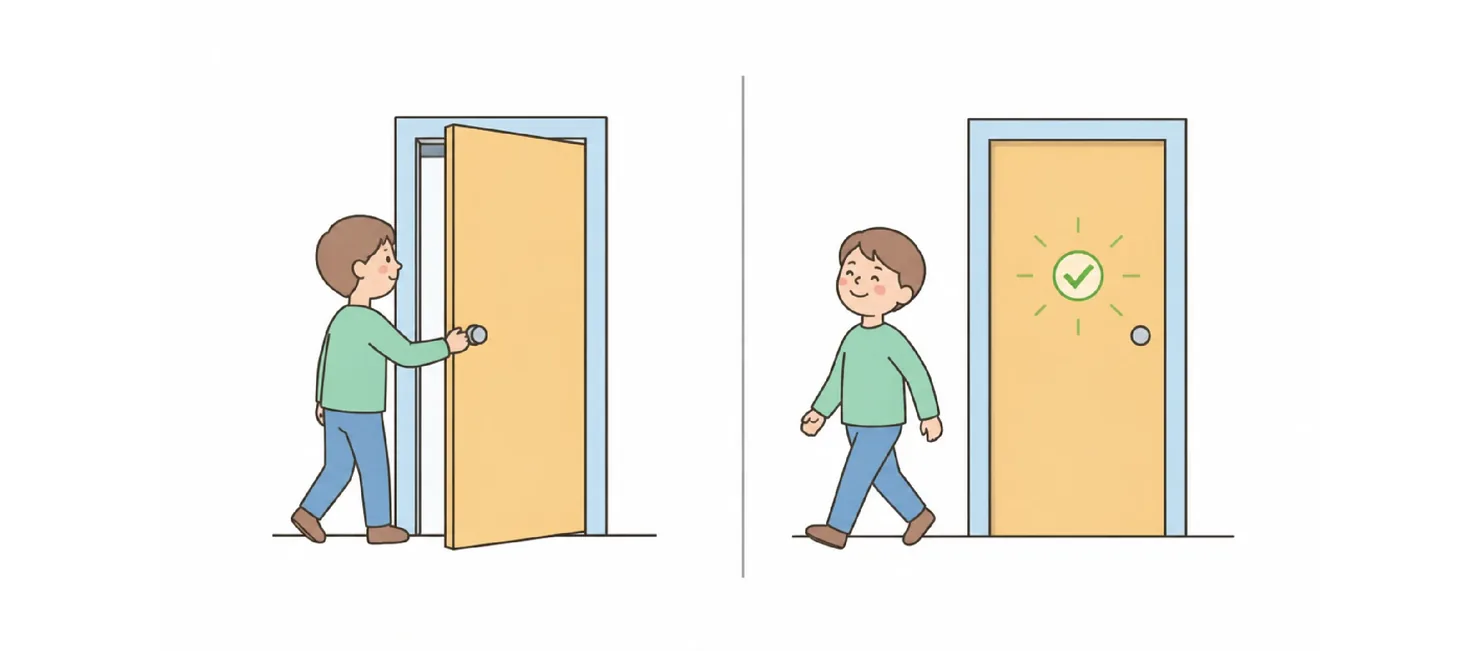 Boy reaching to open a door versus walking away from a closed door with a green checkmark