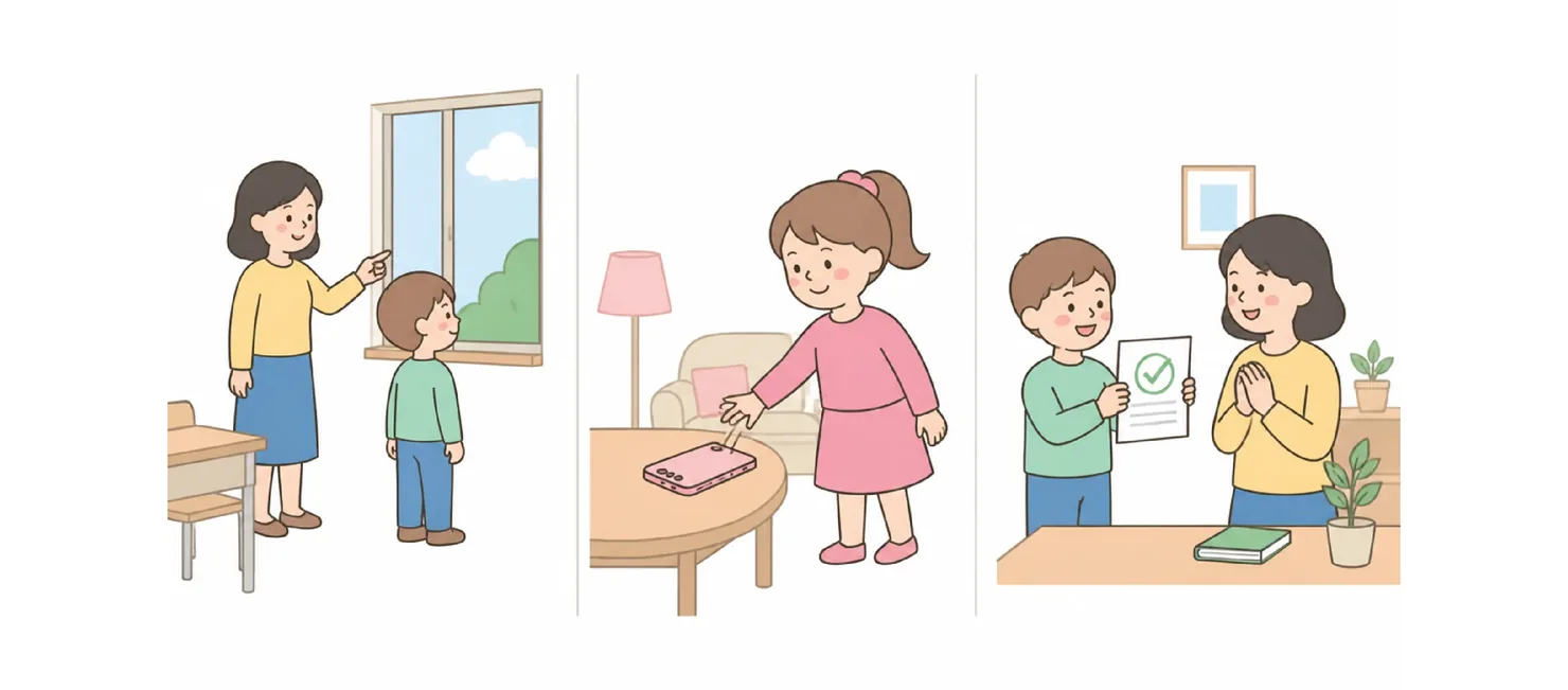 Three scenes: a mother commanding a child at a window, a girl placing a phone on a table, a boy proudly handing completed homework to a teacher
