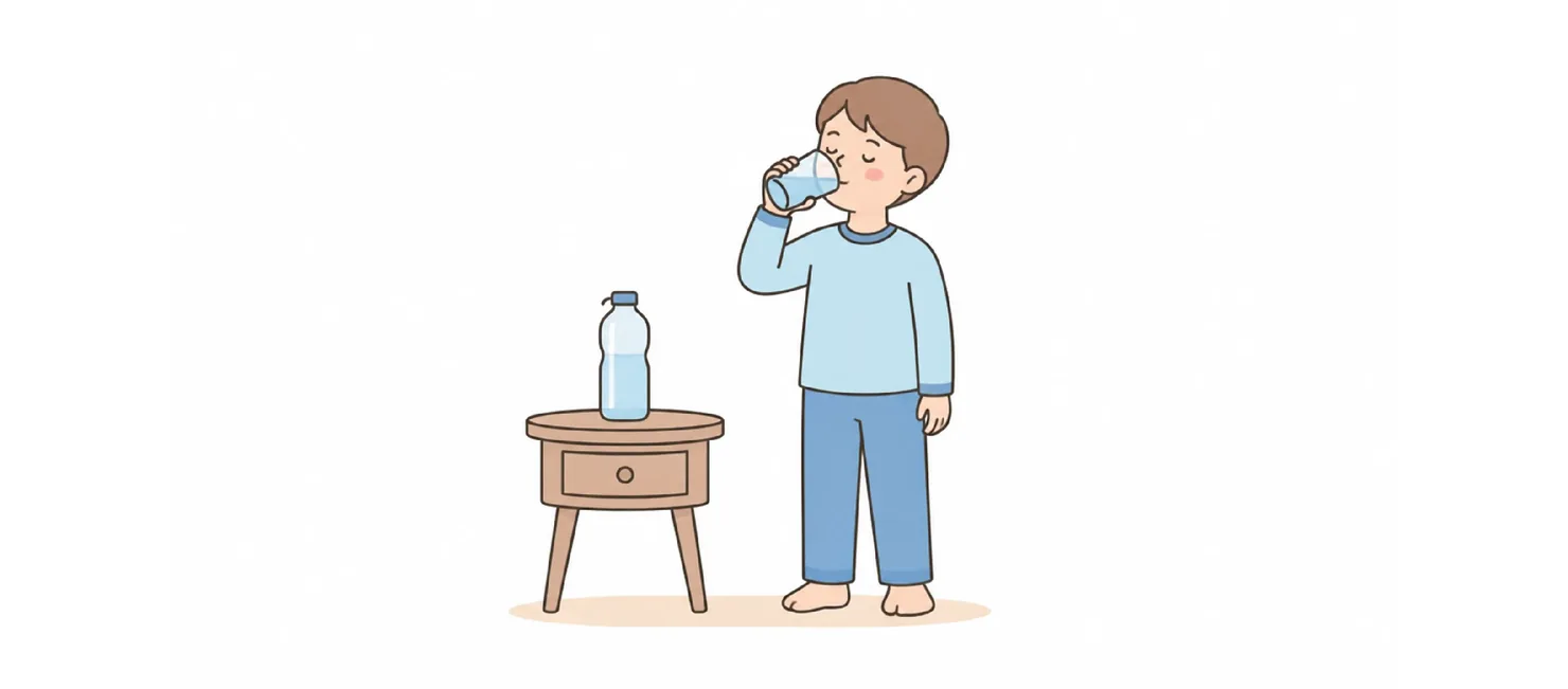 Boy standing next to a side table with a water bottle, drinking from a glass