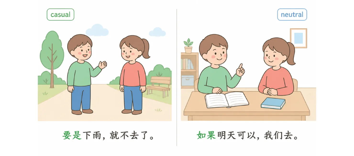 Two scenes: casual friends outdoors using 要是 and a student at a desk using 如果 — same meaning, different register