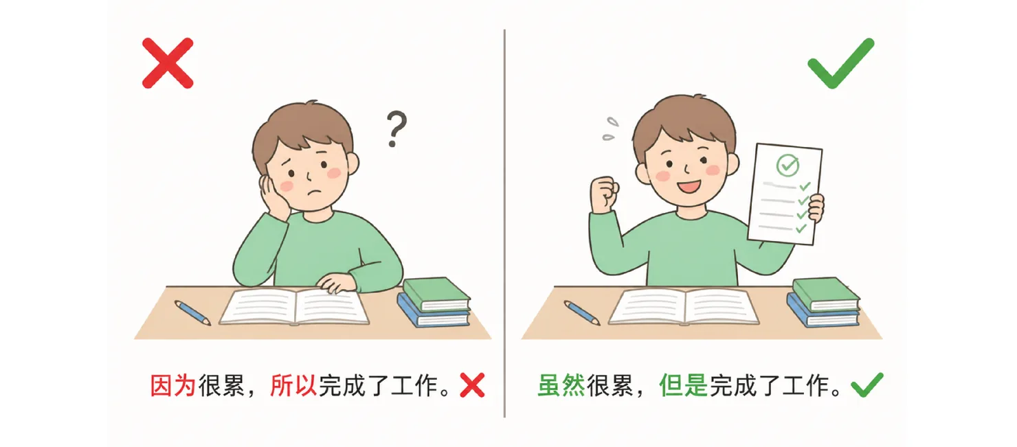 Side-by-side: wrong (因为很累，所以完成了工作 ✗) versus correct (虽然很累，但是完成了工作 ✓)