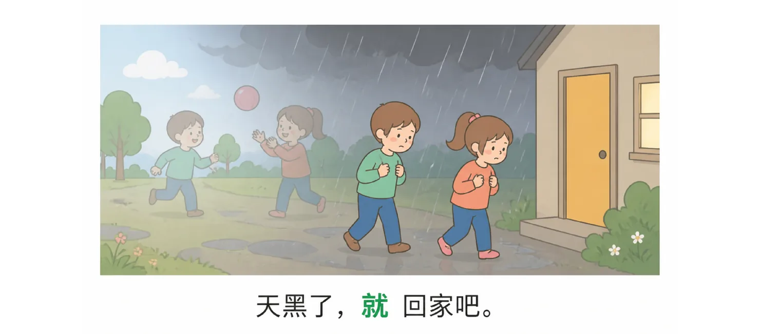 Children walking towards home as the sky turns dark, leaving the park behind