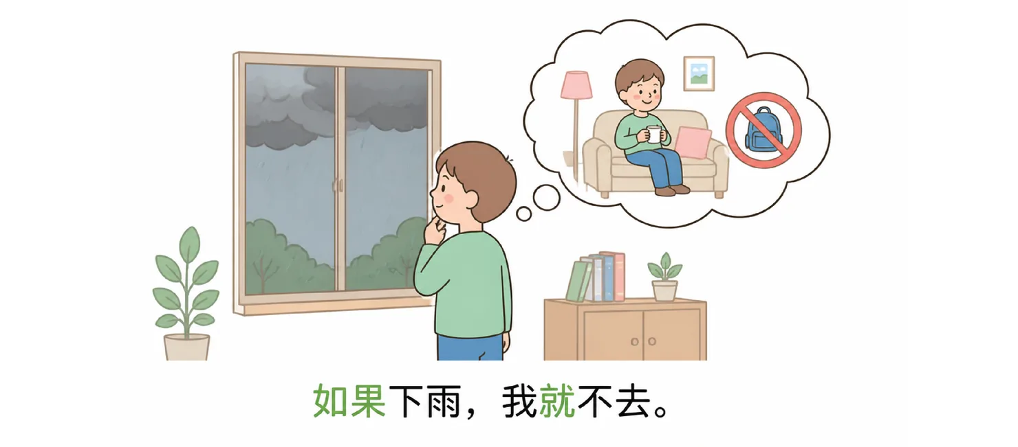 Boy looking out at a rainy sky, imagining staying home on the sofa — if it rains, he won't go out