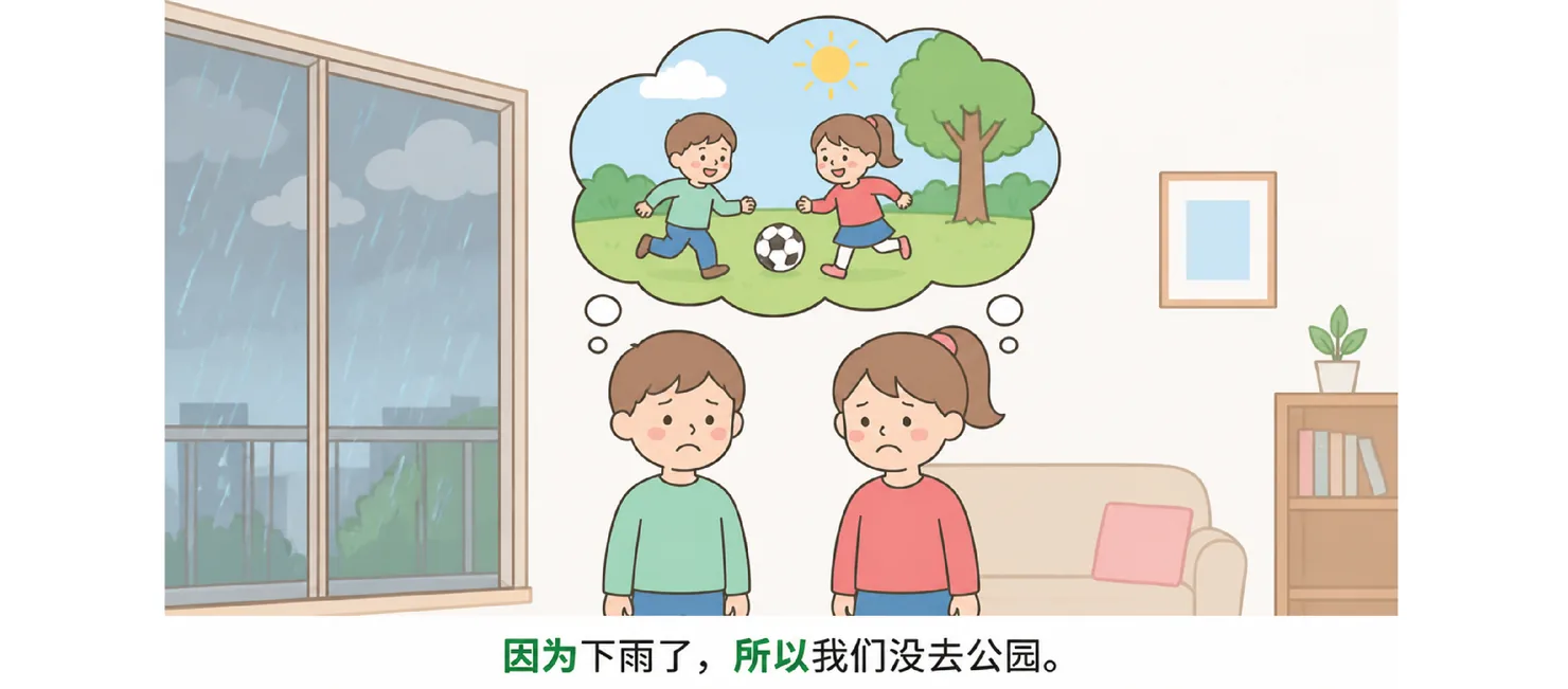 Two sad children indoors, sharing a thought bubble of the sunny park they wished they could visit, rain falling outside