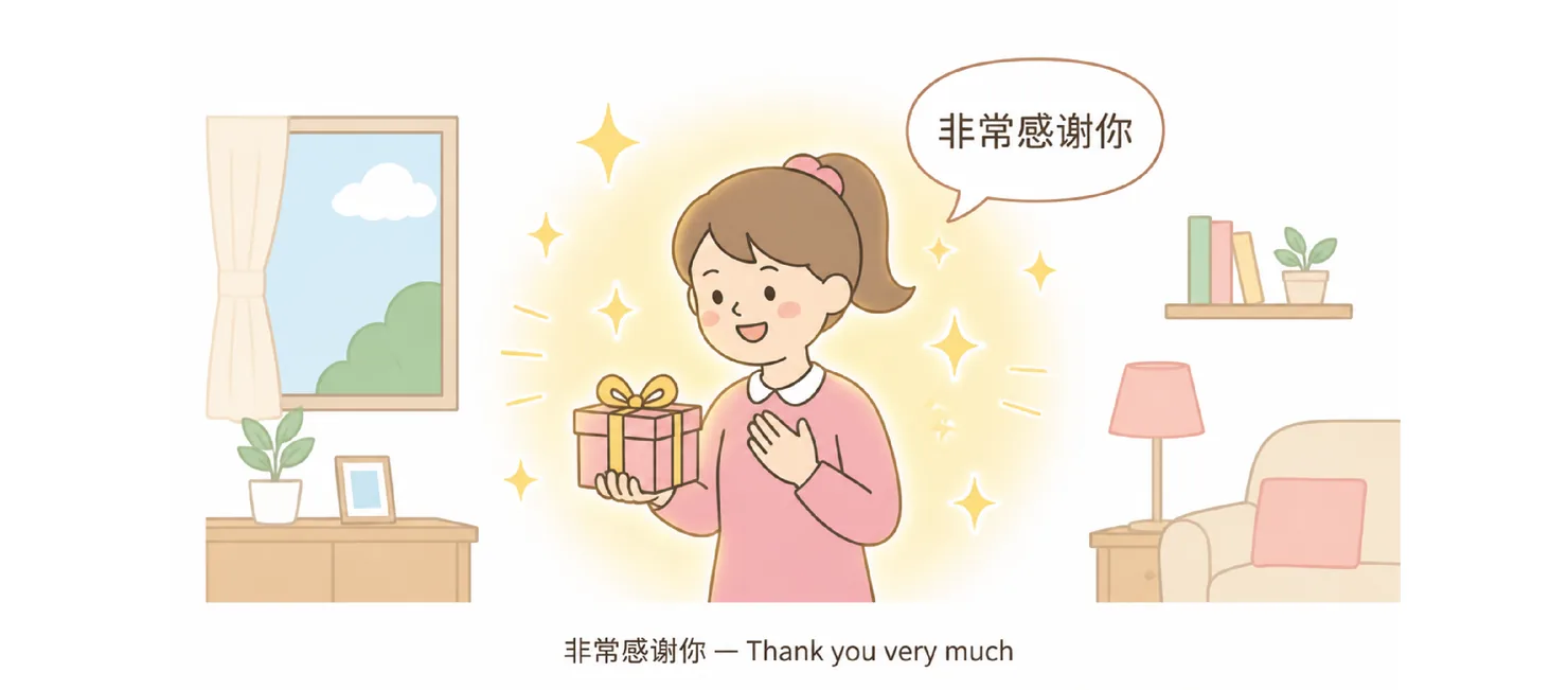 A girl receiving a gift, saying 非常感谢你 (thank you very much)
