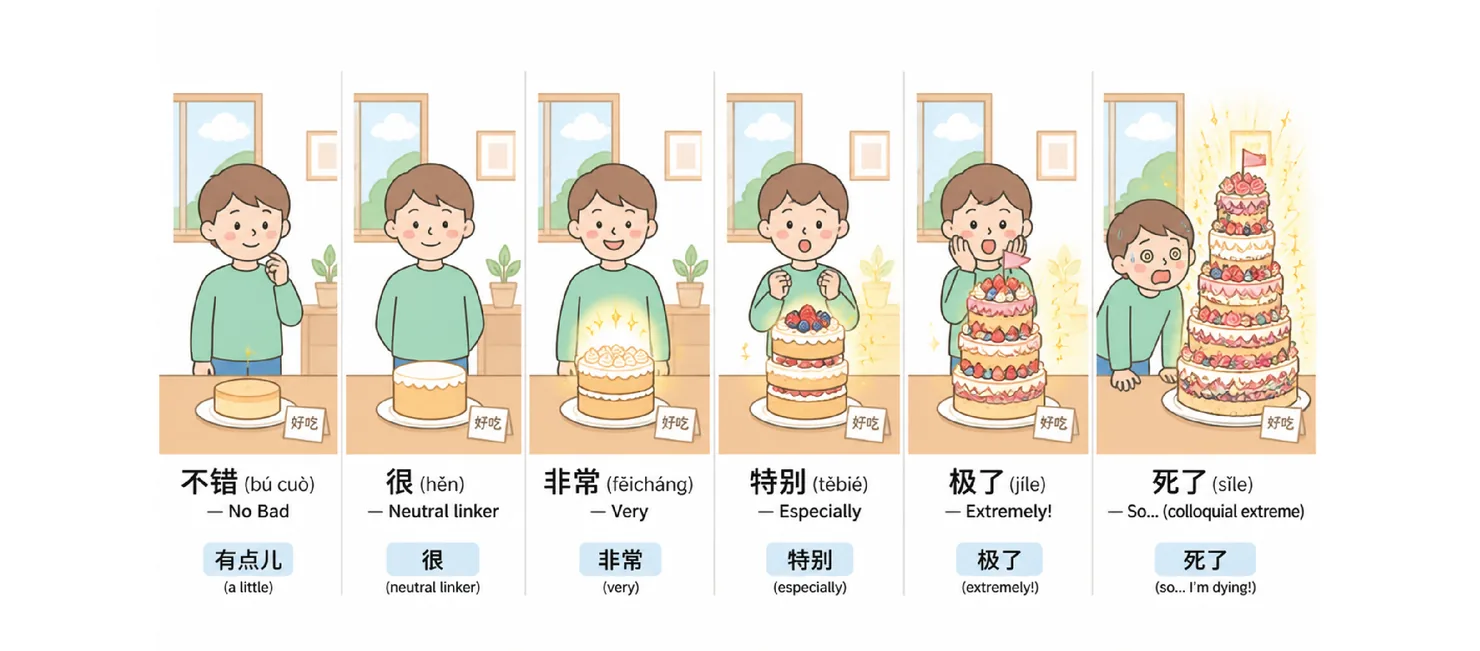 Six levels of intensity, from 不错 up to 死了, shown as growing cakes