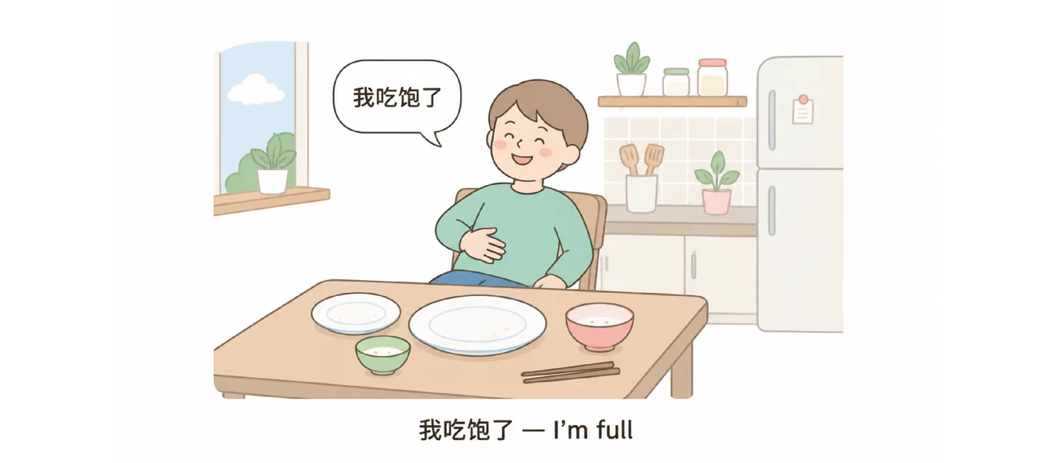A boy at a table of empty plates, hand on his stomach, smiling and saying 我吃饱了