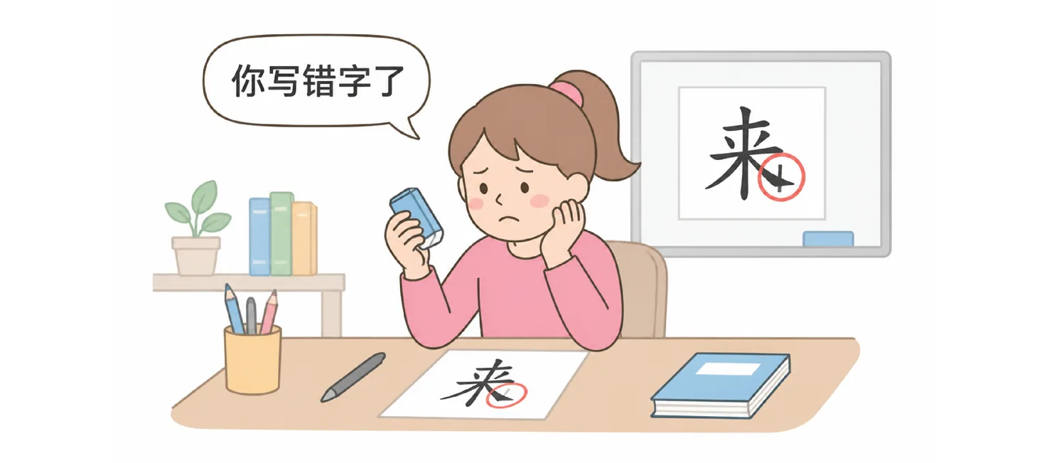 A girl at a desk with an eraser looking worried, a character marked wrong on the board, with 你写错字了