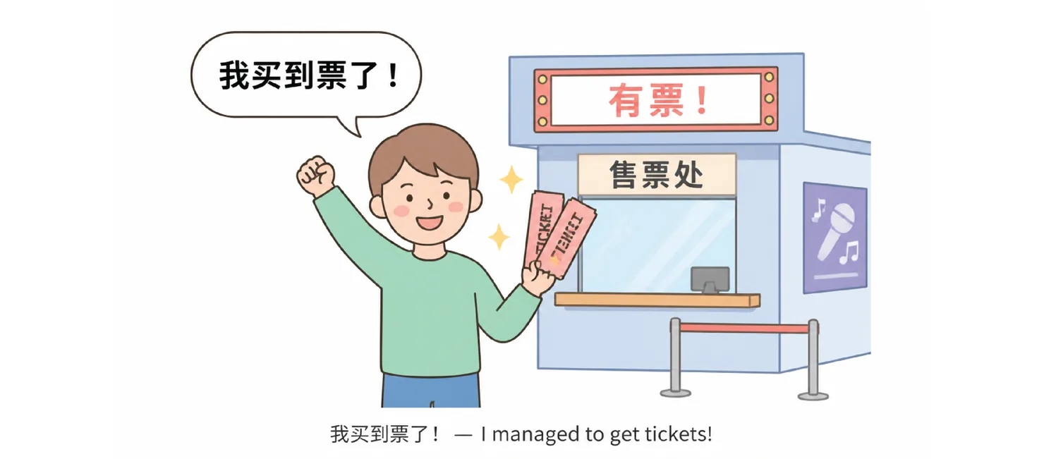A boy holding up a ticket happily, saying 我买到票了