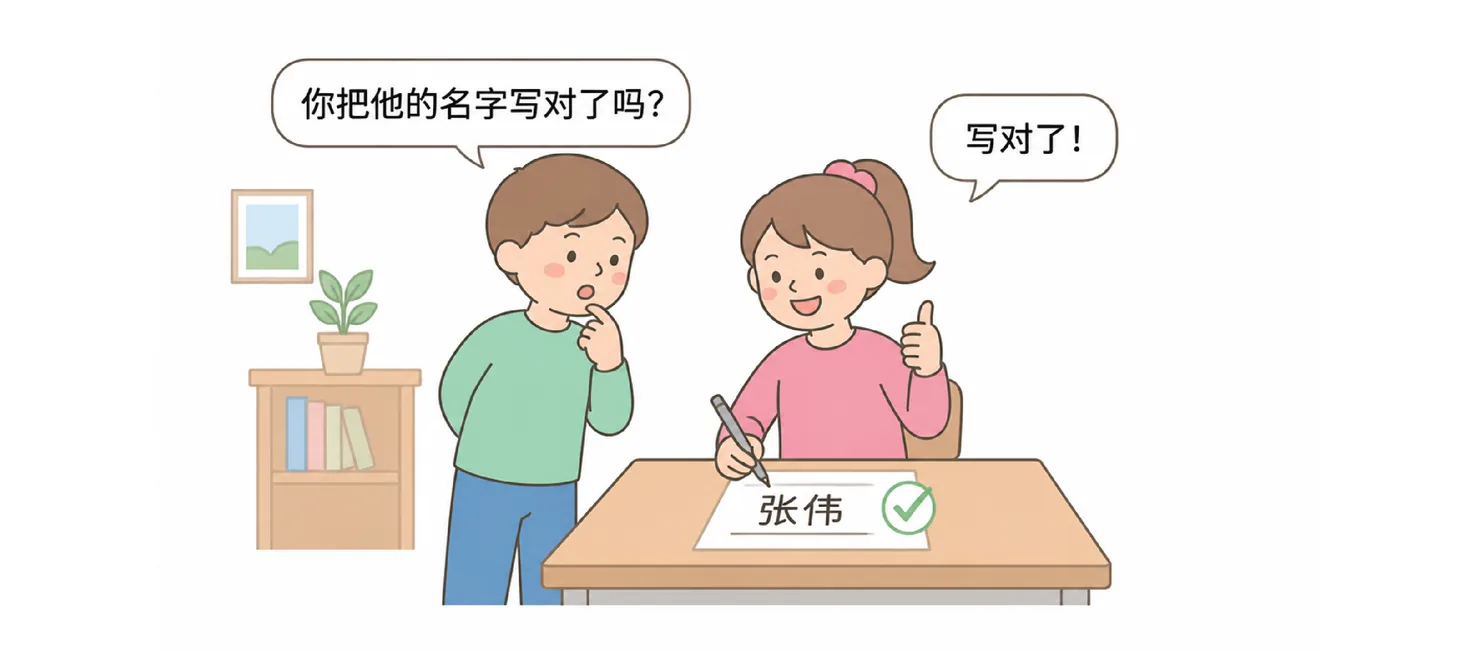 A boy asking 你把他的名字写对了吗？and a girl showing a paper with 张伟 and a green check, answering 写对了！