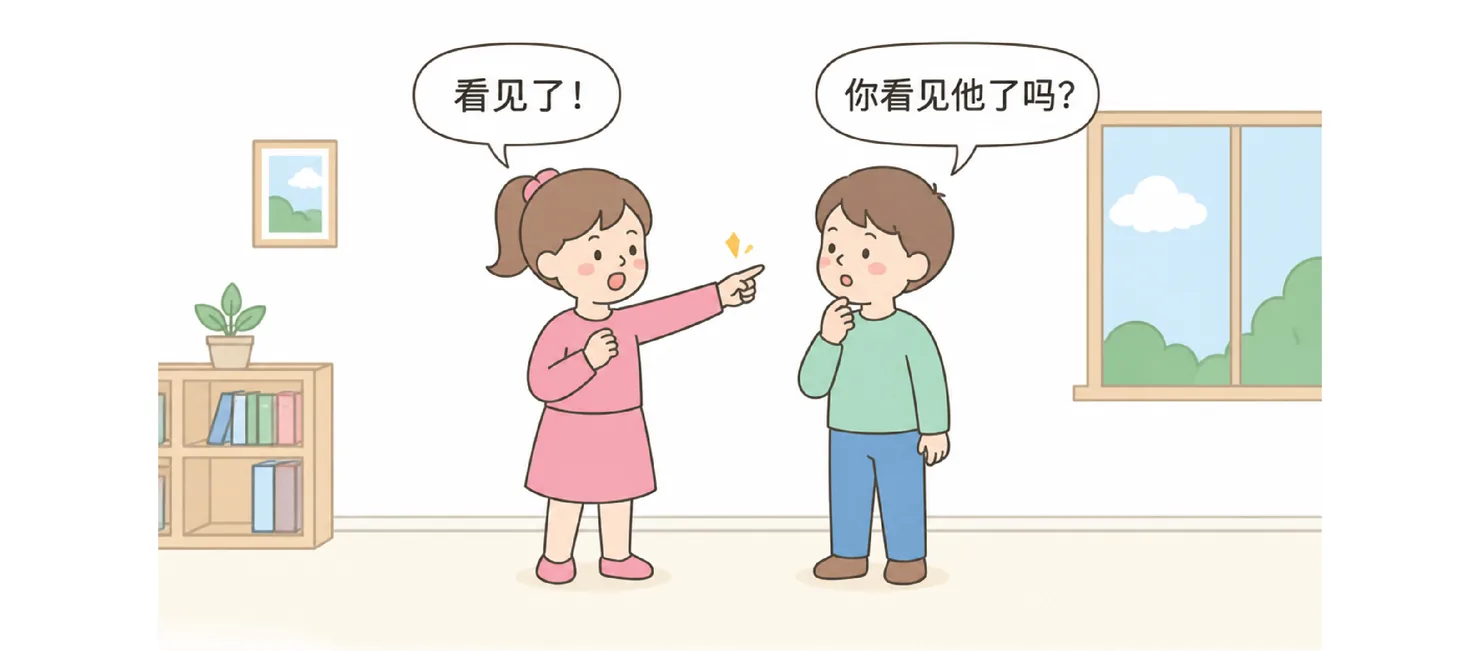 A girl pointing and saying 看见了！while a boy asks 你看见他了吗？