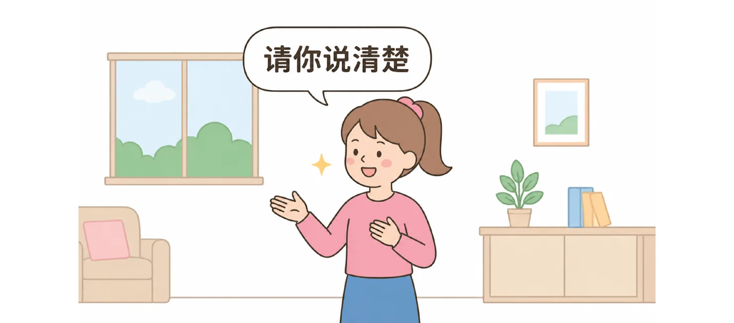 A woman speaking with an open gesture, saying 请你说清楚