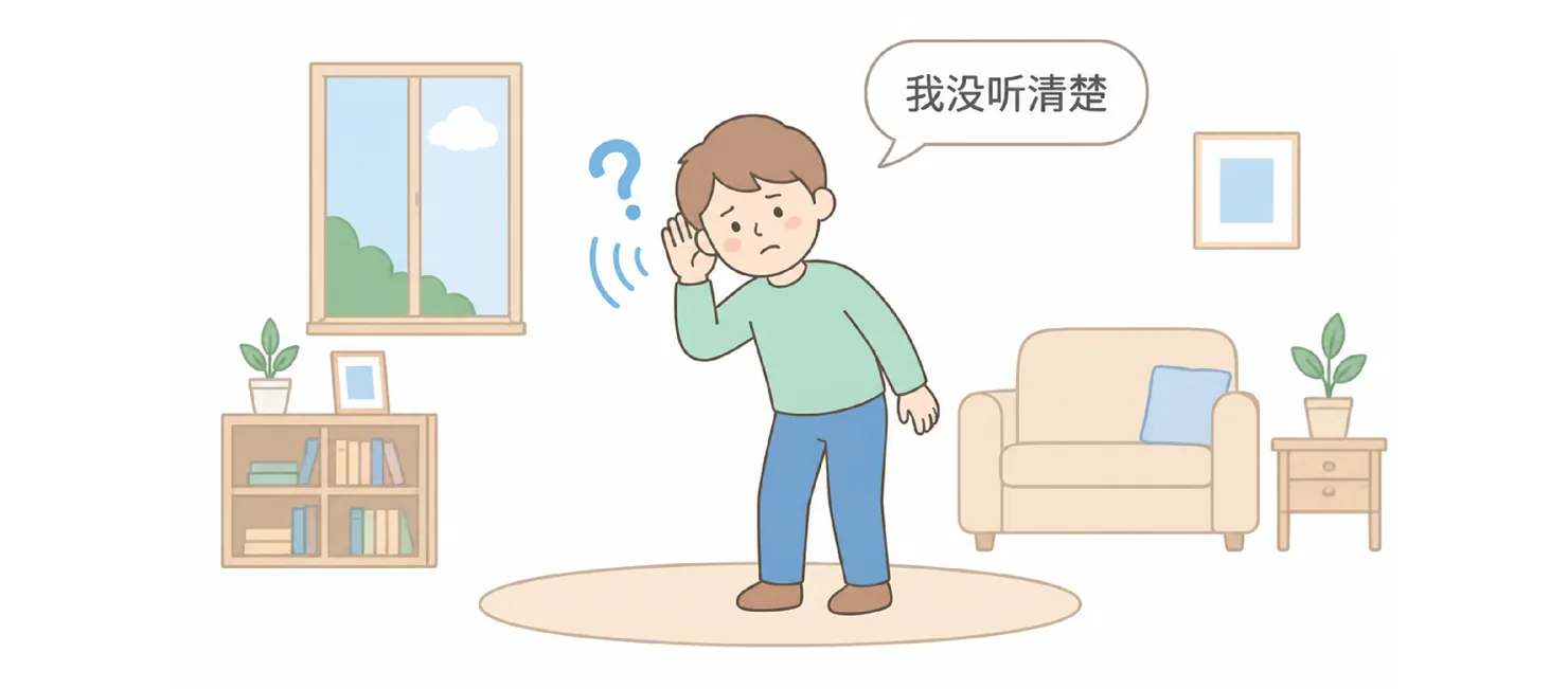 A boy cupping his ear with a puzzled expression, saying 我没听清楚