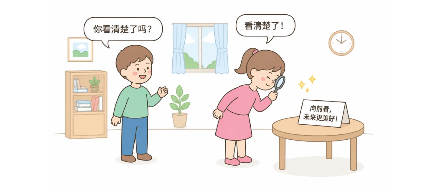 A boy asking 你看清楚了吗？and a girl examining a sign with a magnifying glass, answering 看清楚了！