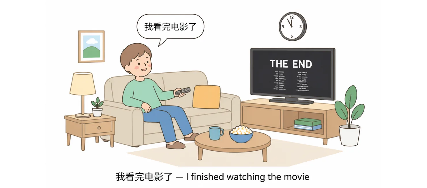 A person on a sofa at night, the TV showing the end of a film, saying 我看完电影了
