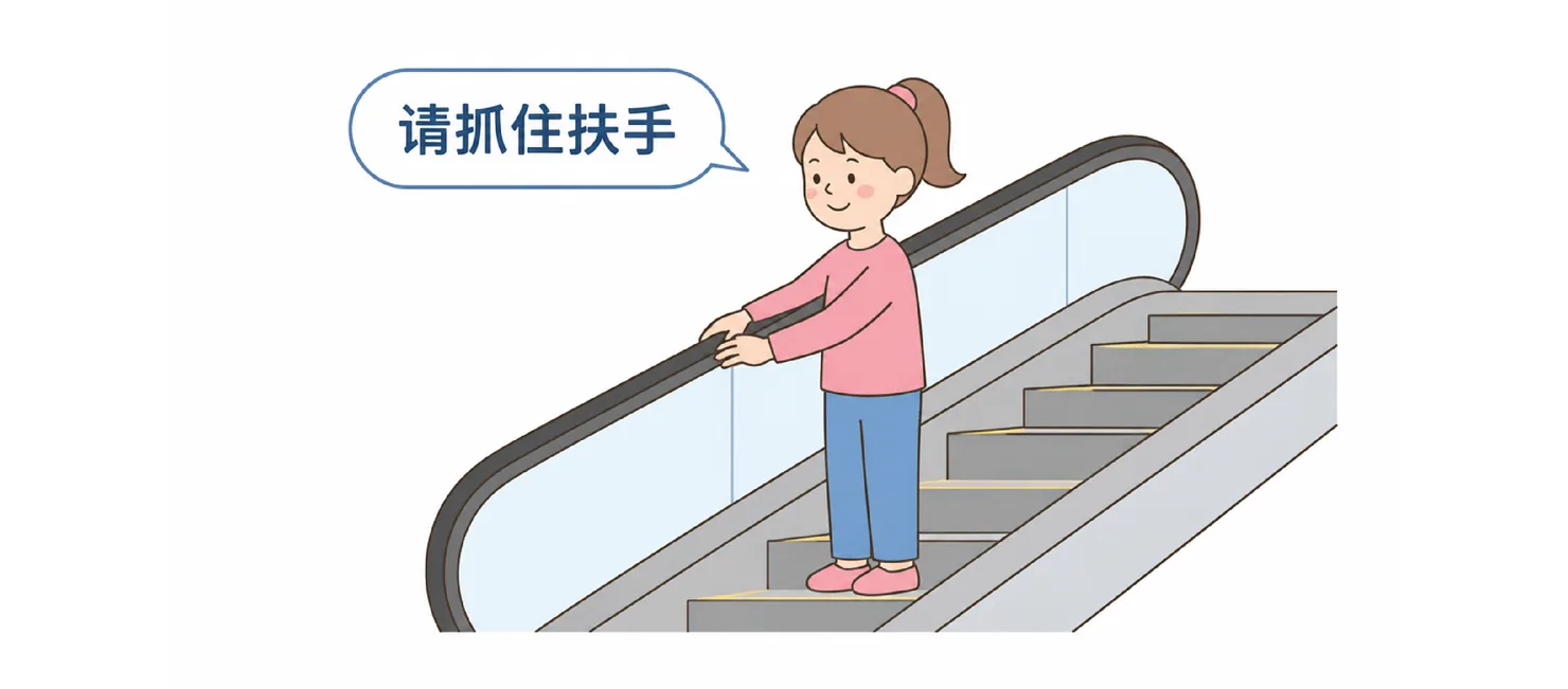 A girl on an escalator holding the handrail, with the caption 请抓住扶手